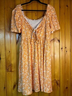 Kohl's Orange Floral Smocked Midi Dress with White Print